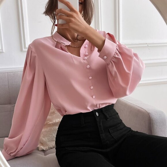 Baby Pink Elegant Women's Bishop Sleeve Button Up Blouse - Picture 5 of 6
